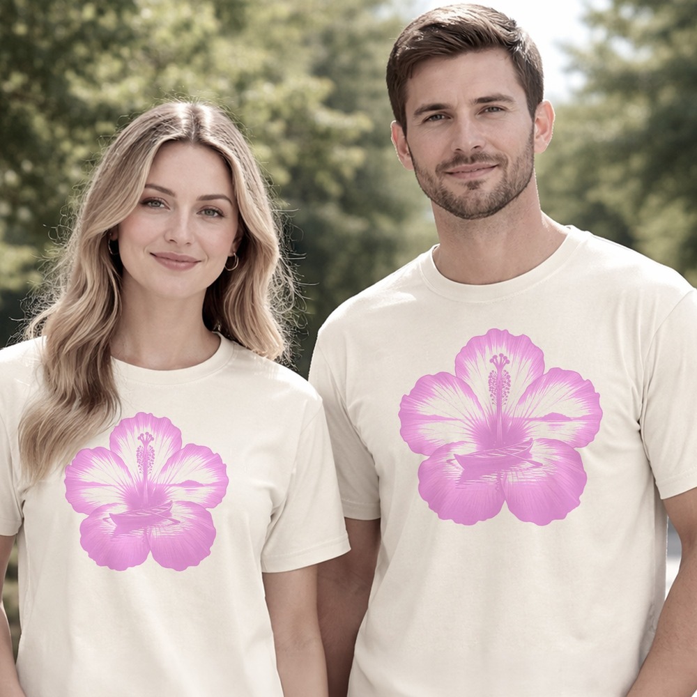Hibiscus Cradling a Lagoon and Rowboat Tee